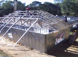 Trusses being set, rear view